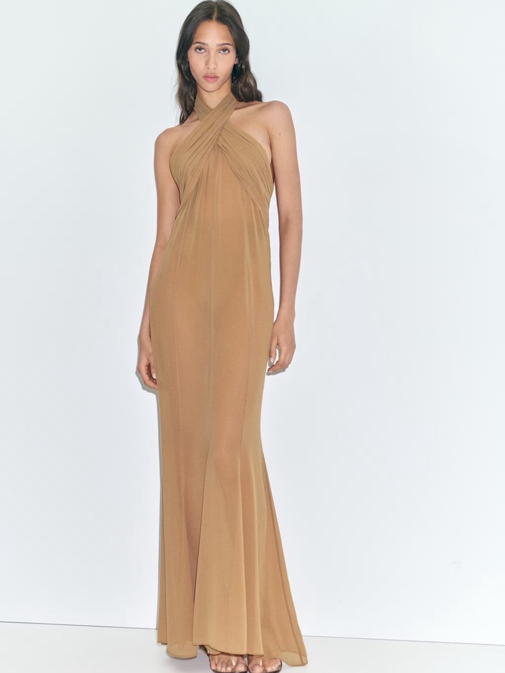 Mango One-Shoulder Halter Gown in Camel